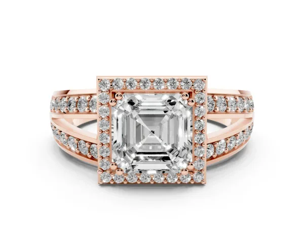 Asscher Cut Diamond Halo Ring with Split Shank Pavé Band and Four-Prong Setting Rose gold