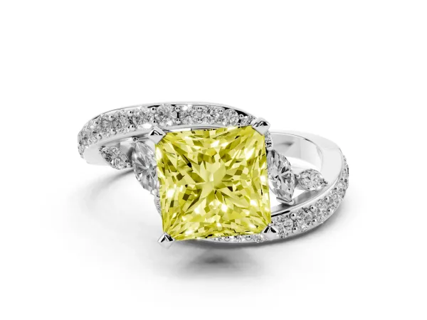 Fancy Yellow Princess Cut Solitaire with Pavé Twist Band and Four-Prong Setting White gold