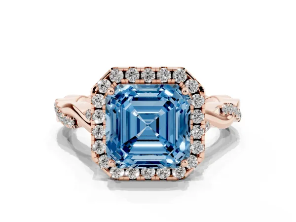 Fancy Blue Asscher Cut Halo Twist Band Solitaire Ring Rose gold