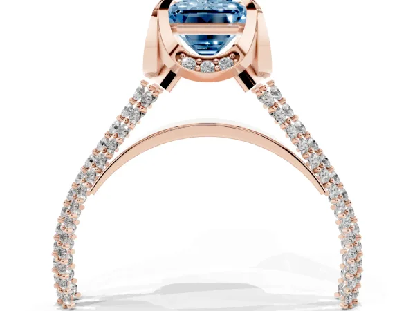 Fancy Blue Emerald Cut Solitaire Pave Split Shank Ring with Four-Prong Setting Rose gold