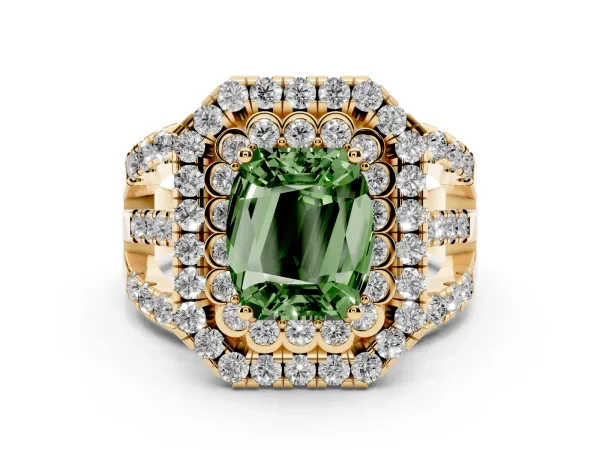 Fancy Green Emerald Cut Diamond Double Halo Ring with Round Pavé Split Shank and Prong Setting Yellow gold