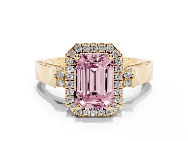 Fancy Pink Emerald Cut Halo Round Diamond Twist Band with Four-Prong Setting Yellow gold