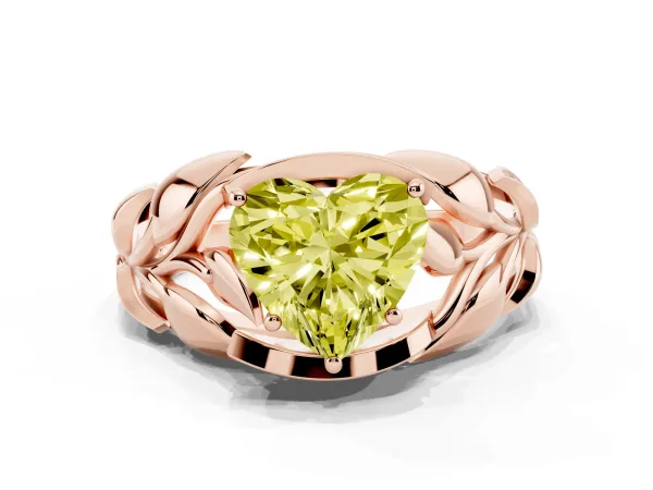 Fancy Yellow Heart Cut Diamond Leaf-Inspired Engagement Ring with Round Accents and Prong Setting Rose gold