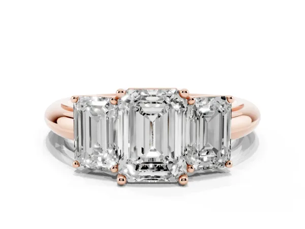 Three-Stone Emerald Cut Cut Diamond Engagement Ring with Prong Setting on a White Gold Band Rose gold