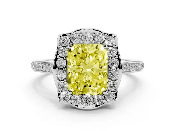 Fancy Yellow Radiant Cut Halo Round Diamond Pave Band with Four-Prong Setting Platinum