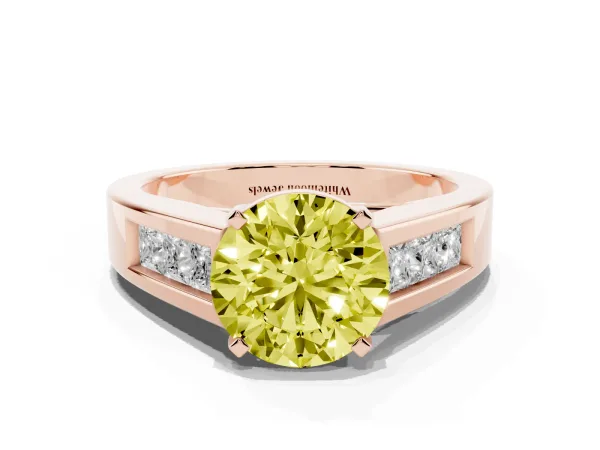 Fancy Yellow Round Cut Cut Channel Set Solitaire Ring with Four-Prong Setting Rose gold