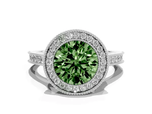 Fancy Green Halo Round Cut-Cut Diamond Pave Band Milgrain Prong Setting Ring White gold