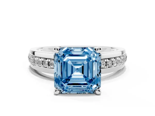Fancy Blue Asscher Cut Solitaire Diamond Ring with Channel Set Band and Six-Prong Setting White gold