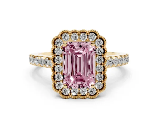 Fancy Pink Emerald Cut Cut Diamond Milgrain Floral Halo Engagement Ring with Pavé Band Yellow gold