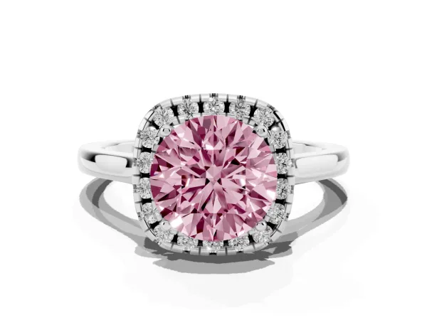 Fancy Pink Round Cut Halo Round Diamond Solitaire Ring with Pavé Band and Four-Prong Setting Platinum