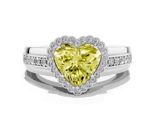 Fancy Yellow Heart Cut Cut Halo Pave Band Four-Prong Ring Platinum