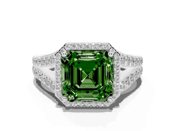 Fancy Green Asscher Cut Diamond Split Shank Halo Ring with Four-Prong Setting Platinum