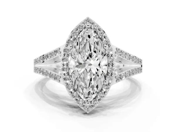 Marquise Cut Halo Split Shank Diamond Ring with Prong Setting White gold