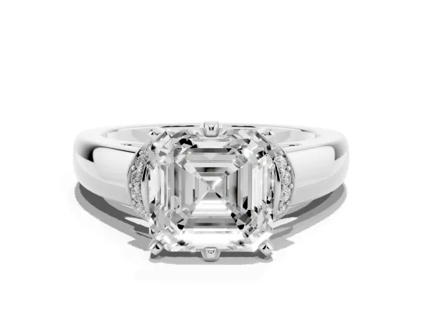 Asscher Cut Solitaire Diamond Ring with Pave Band and Six-Prong Setting Platinum