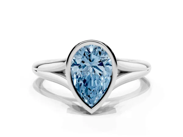 Fancy Blue Bezel Set Pear Cut Cut Solitaire Ring with Tapered Band White gold