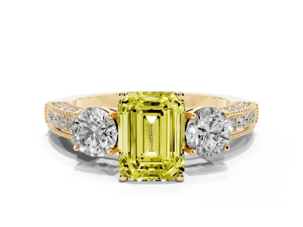 Fancy Yellow Emerald Cut Three-Stone Diamond Ring with Pavé Band and Four-Prong Setting Yellow gold