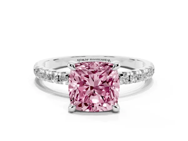 Fancy Pink Cushion Cut Diamond Brilliant Solitaire Ring with Pavé Band and Four-Prong Setting Platinum