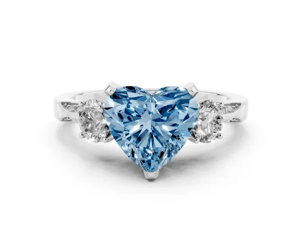 Fancy Blue Heart Cut Brilliant Three-Stone Diamond Ring with Pavé Band and Four-Prong Setting White gold