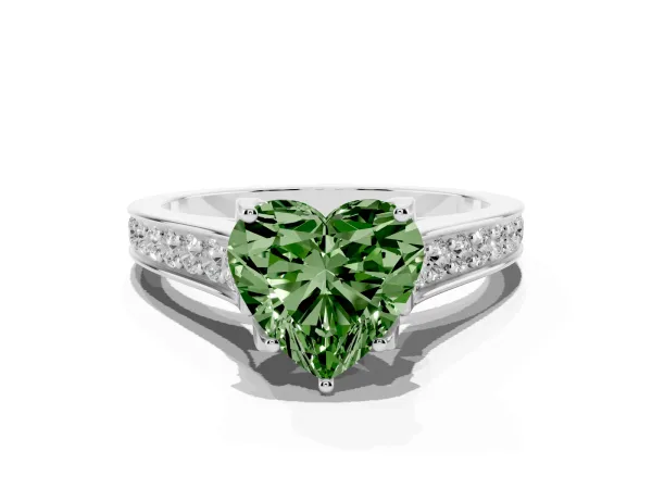 Fancy Green Heart Cut Brilliant Cut Diamond Engagement Ring with Pavé Band and Four-Prong Setting White gold