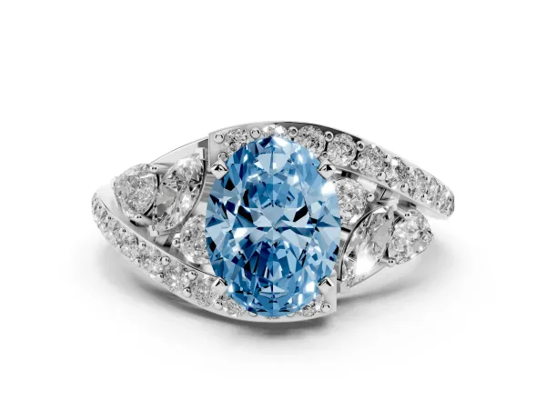 Fancy Blue Oval Cut Diamond Halo Ring with Marquise and Pavé Band in Prong Setting Platinum