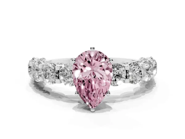 Fancy Pink Pear Cut Diamond Side Stone Engagement Ring with Four-Prong Setting Platinum