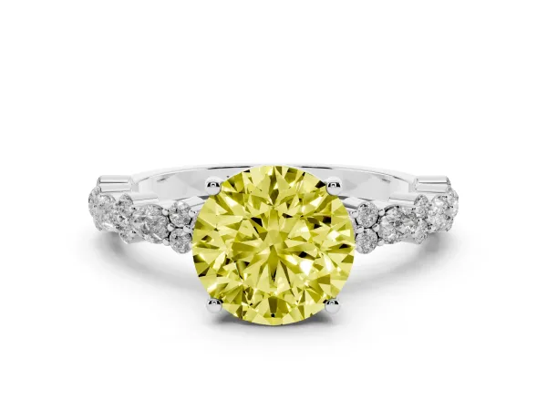 Fancy Yellow Round Cut Diamond Side Stone Solitaire Ring with Round and Four-Prong Setting Platinum