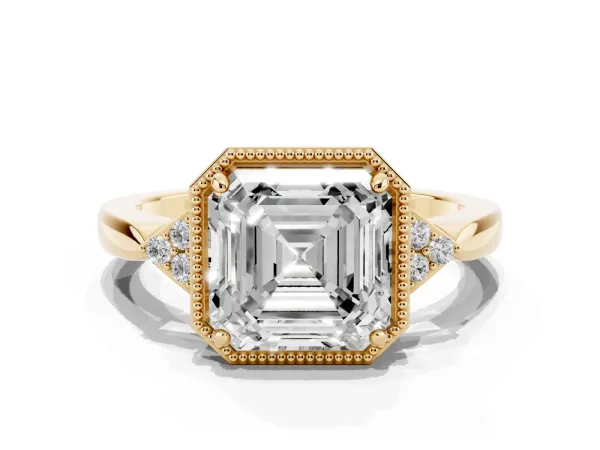 Asscher Cut Diamond Halo Ring with Tapered Band and Four-Prong Setting Yellow gold