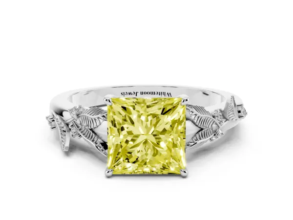 Fancy Yellow Princess Cut Diamond Solitaire Ring with Leaf Motif Band and Four-Prong Setting White gold