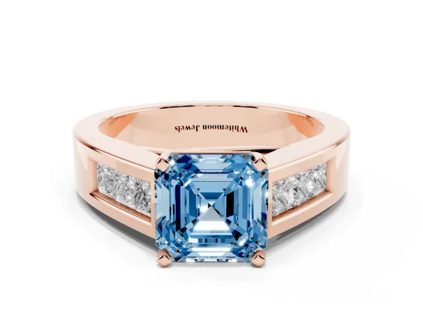 Fancy Blue Asscher Cut Cut Channel Set Solitaire Ring with Four-Prong Setting Rose gold
