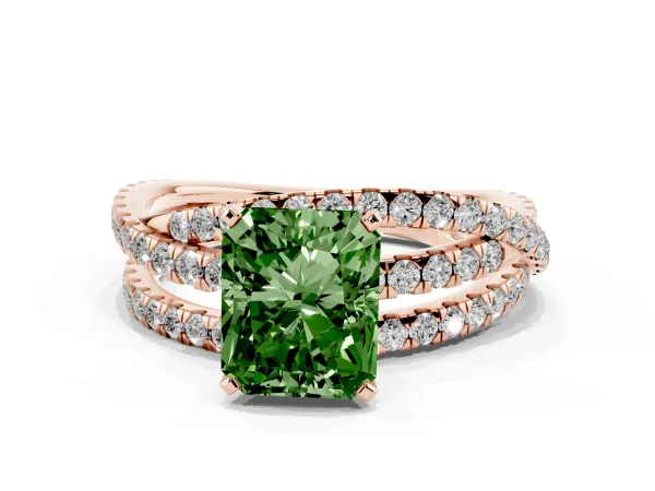 Fancy Green Radiant Cut Solitaire Twist Band with Pavé Setting and Four-Prong Setting Rose gold