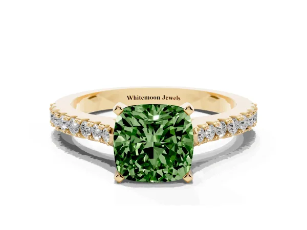 Fancy Green Cushion Cut Cut Solitaire Diamond Engagement Ring with Pave Band and Four-Prong Setting Yellow gold