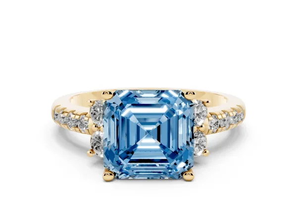 Fancy Blue Asscher Cut Diamond Three-Stone Pave Band with Four-Prong Setting Yellow gold