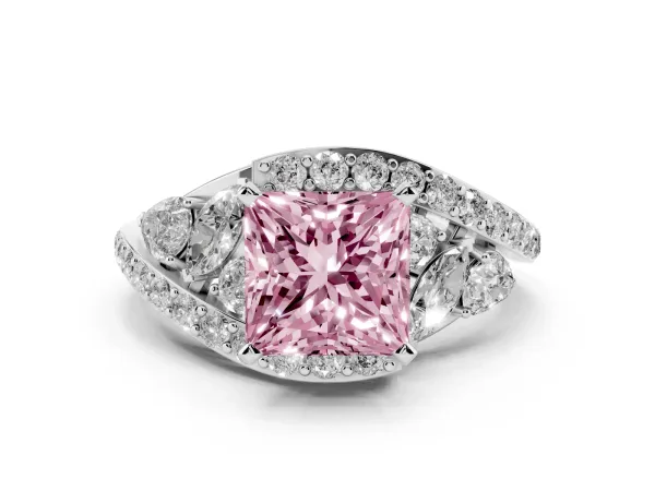 Fancy Pink Princess Cut Diamond Halo Ring with Marquise and Pavé Band in Prong Setting White gold