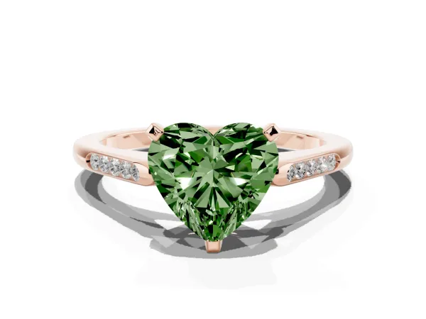 Fancy Green Heart Cut Diamond Solitaire Ring with Channel Set Round Band and Prong Setting Rose gold