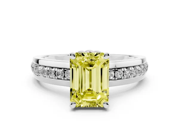 Fancy Yellow Emerald Cut Solitaire Diamond Ring with Channel Set Band and Six-Prong Setting Platinum