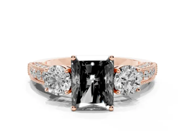 Fancy Black Radiant Cut Three-Stone Diamond Ring with Pavé Band and Four-Prong Setting Rose gold