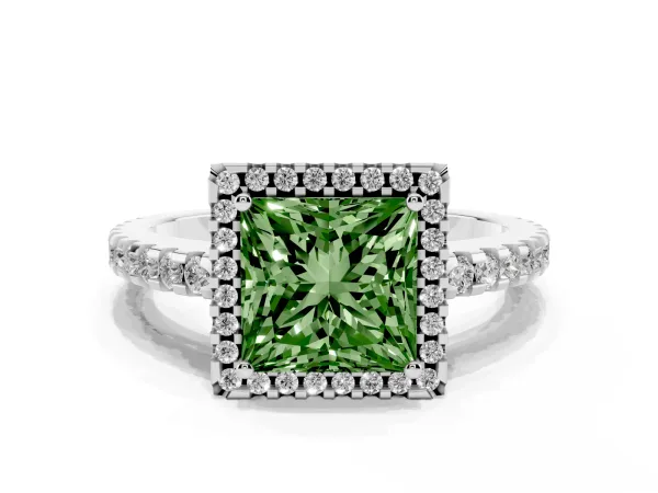 Fancy Green Princess Cut Diamond Halo Engagement Ring with Pavé Band and Prong Setting White gold