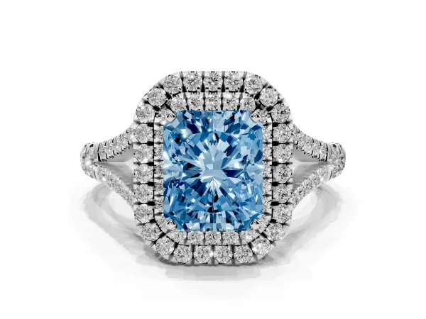 Fancy Blue Radiant Cut Diamond Double Halo Ring with Split Shank and Prong Setting Platinum