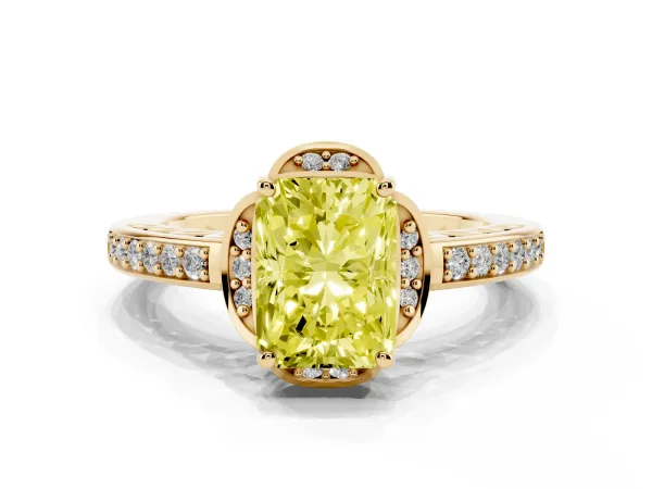 Fancy Yellow Radiant Cut Cut Halo Diamond Ring with Channel Set Band and Four-Prong Setting Yellow gold