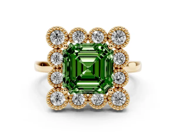 Fancy Green Asscher Cut Halo Diamond Cluster Engagement Ring with Milgrain Bezel Setting and Solitaire Band Yellow gold