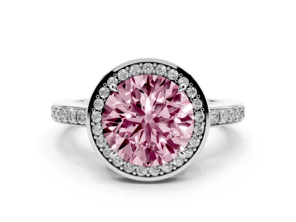 Fancy Pink Round Cut Halo Pave Band Solitaire Ring with Prong Setting White gold