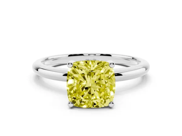 Fancy Yellow Cushion Cut Cut Solitaire Engagement Ring with Four-Prong Setting and Classic Band White gold