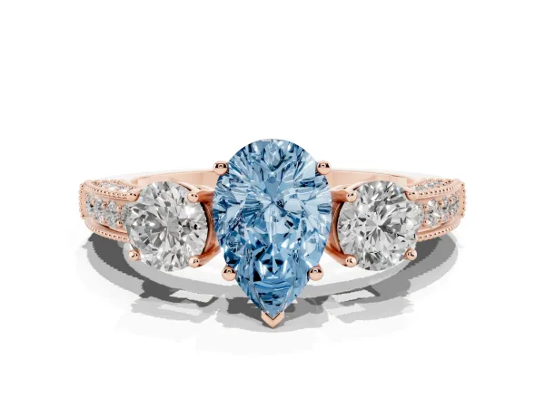 Fancy Blue Pear Cut Three-Stone Diamond Ring with Pavé Band and Four-Prong Setting Rose gold