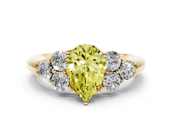 Fancy Yellow Pear Cut Cut Diamond Cluster Ring with Round Accent Stones and Prong Setting on a Classic Band Yellow gold