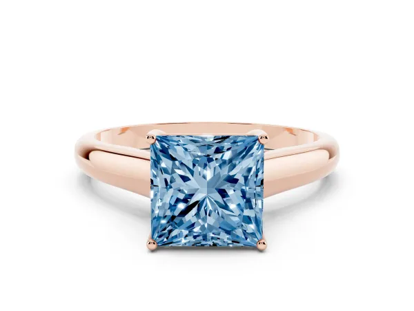 Fancy Blue Princess Cut Solitaire Engagement Ring with Tapered Band and Four-Prong Setting Rose gold