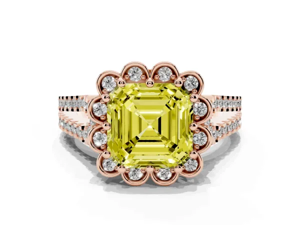 Fancy Yellow Asscher Cut Halo Diamond Floral Split Shank Engagement Ring Rose gold