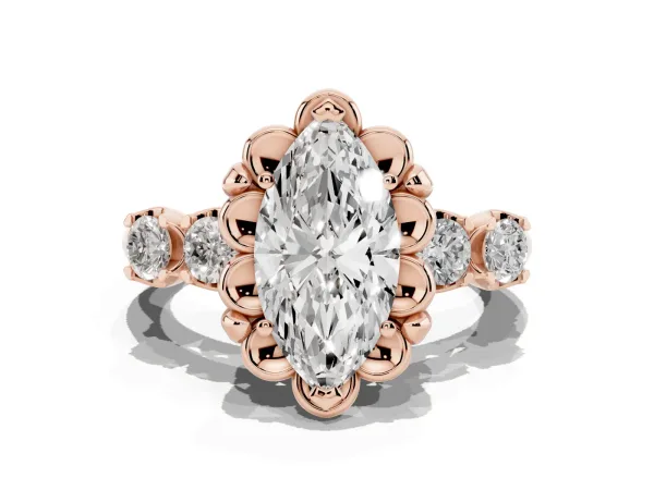 Marquise Cut Cut Diamond Floral Halo Engagement Ring with Shared Prong Setting Rose gold