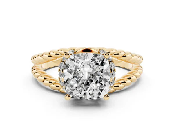 Cushion Cut Halo Twisted Band Four-Prong Ring Yellow gold