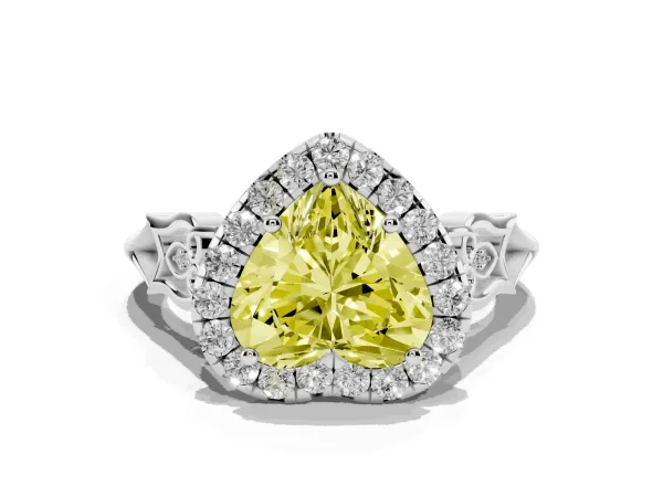 Fancy Yellow Heart Cut Halo Diamond Engagement Ring with Filigree Band and Four-Prong Setting Platinum