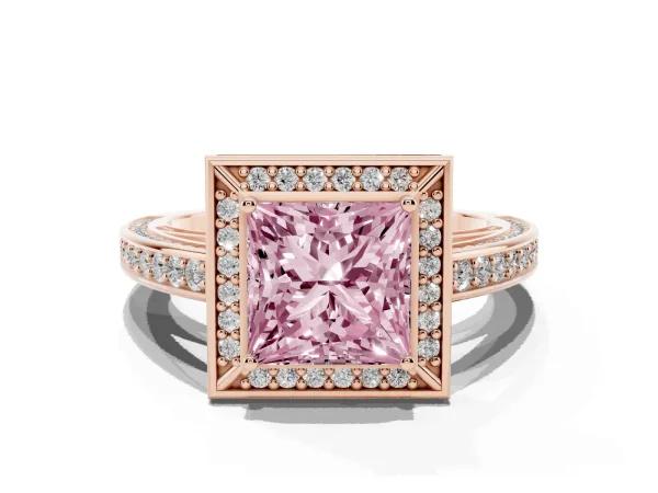 Fancy Pink Princess Cut Cut Halo Pave Split Shank Prong Setting Ring Rose gold
